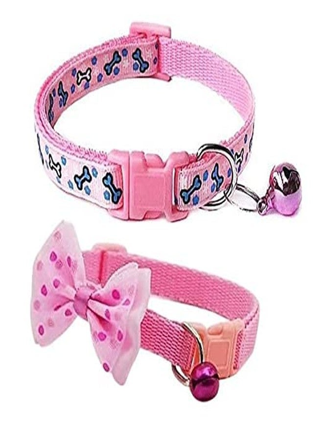 Pups&Pets Cat Collars Cute Bow-tie and Fancy Bone Printed Collar with Bell, Safety Identification Collars for Puppy, Kitten and Small Pets Pack of 2 (Pink Color) - Image 1